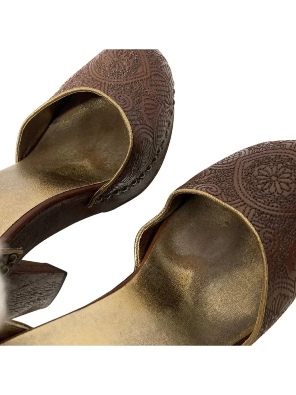 Prada Flower Embroidery Wood Sole Ankle Strap Pumps 37.5 Equivalent Brown